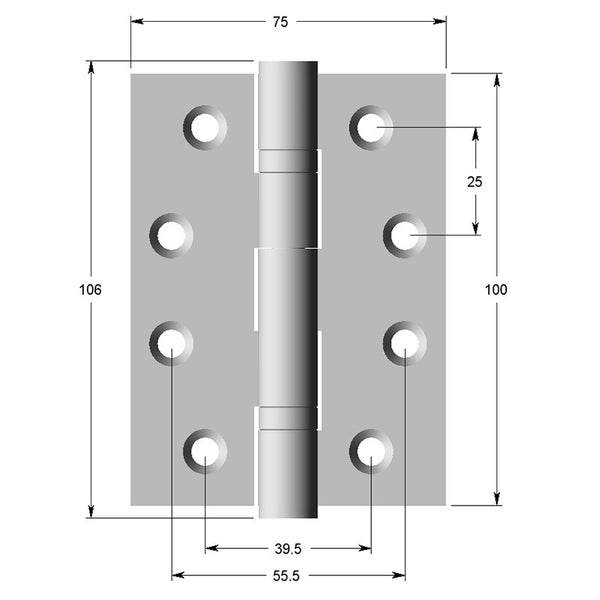 Hinge SS304 Square Edge 100 x 75 x 2.5mm Fixpin